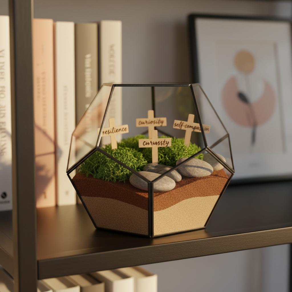 A close-up of a meticulously detailed glass terrarium shaped like a geometric prism, filled with layered sand in gradient tones from warm beige to deep umber, smooth river stones, and resilient green moss. Tiny, hand-written labels on miniature wooden stakes read “resilience,” “curiosity,” and “self-compassion.” The terrarium sits on a matte black metal shelf against a soft, blurred background of books and framed abstract prints. Golden hour sunlight filters through unseen windows, edging the glass with warm highlights and creating delicate reflections. Photographic realism captured at a three-quarter angle with a shallow depth of field, focusing sharply on the moss and labels. The atmosphere is serene, hopeful, and subtly luxurious, evoking the cultivation of mental health and inner growth.
