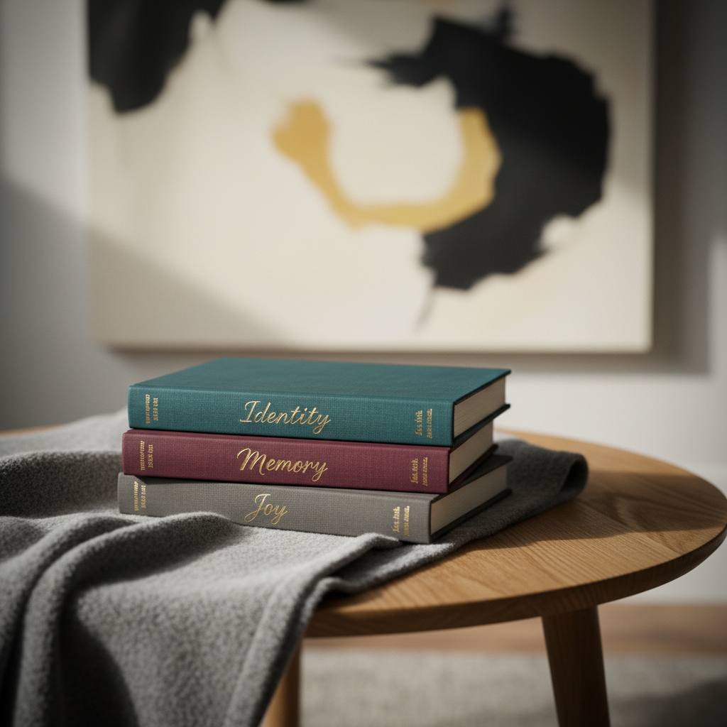A stack of hardcover journals in muted jewel tones—deep teal, burgundy, and charcoal—each with linen-textured covers and delicate gold-foil titles like “Identity,” “Memory,” and “Joy.” They rest on a soft, grey wool throw draped over a mid-century oak coffee table. Behind them, an abstract painting in cream, ochre, and ink-black forms a blurred backdrop. Soft overcast window light diffuses across the scene, creating velvety shadows and subtle highlights along the book edges. Captured in photographic realism from a slightly elevated angle with a gentle vignette, the composition uses asymmetrical balance, emphasizing the central stack while leaving negative space. The mood is sophisticated, quiet, and reflective, suggesting the layered nature of the mind and the pursuit of a joyful life.