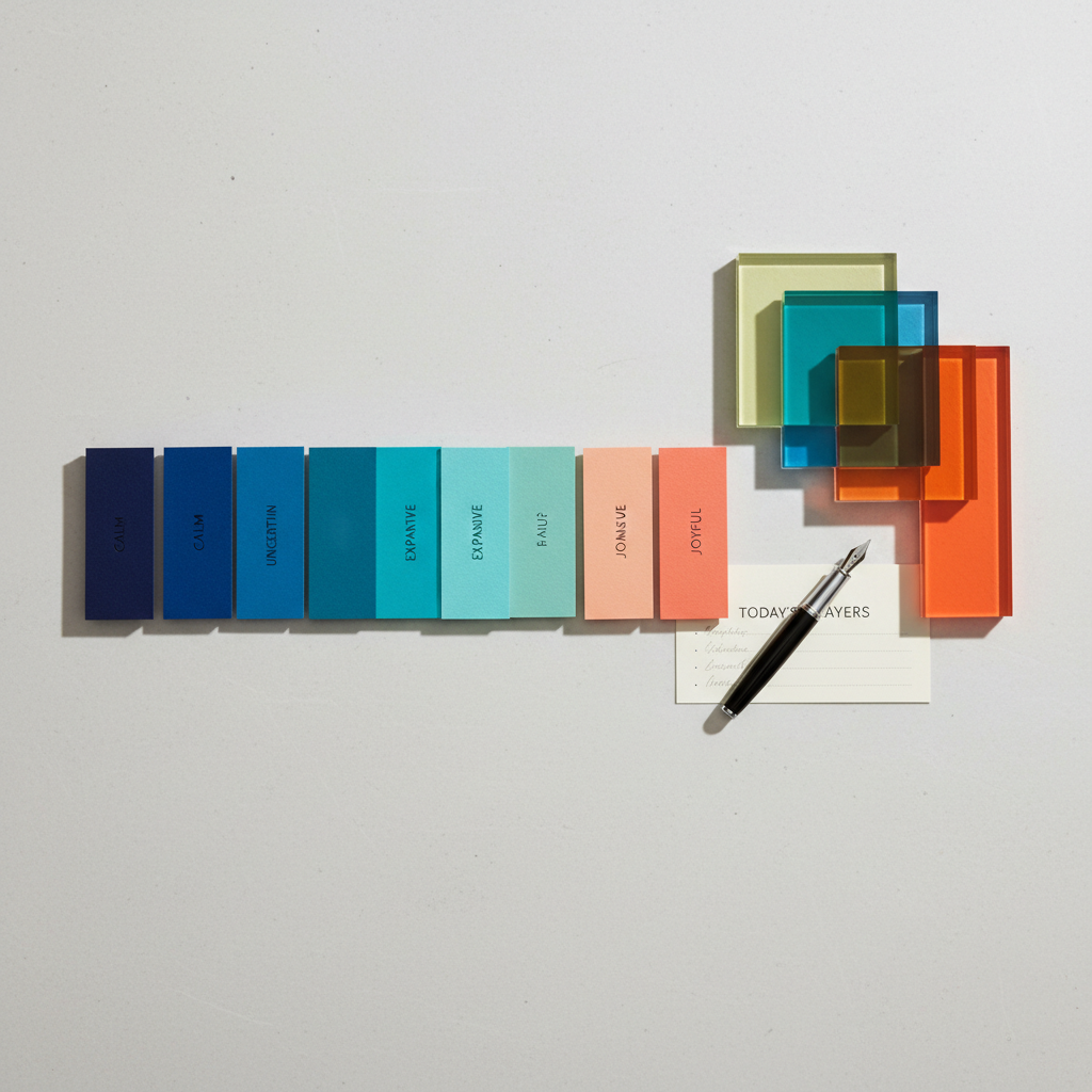 An overhead photographic view of a carefully curated flatlay on a pale stone surface: color swatches moving from cool blues to warm corals labeled with moods such as “calm,” “uncertain,” “expansive,” and “joyful.” Beside them, transparent acrylic blocks form layered squares casting soft, colored shadows. A sleek black fountain pen lies diagonally across a small card titled “Today’s Layers,” with faint handwritten bullet points visible. Soft studio lighting creates even illumination with faint, crisp shadows that enhance the geometry. The composition follows a minimalist, sophisticated aesthetic with clean lines and generous negative space. The mood is analytical yet optimistic, visually exploring how emotional states stack and shift within a day, aligned with the site’s thoughtful exploration of the mind.